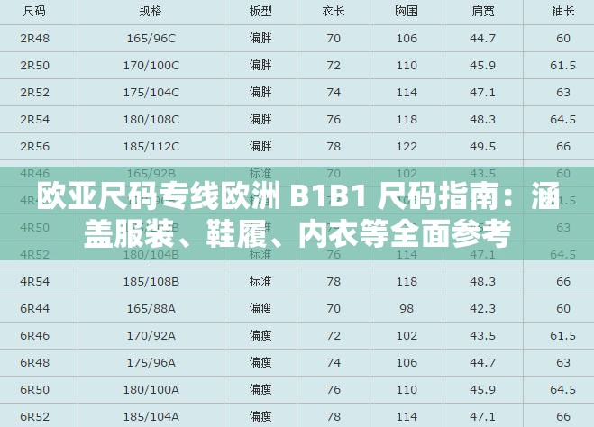 歐亞尺碼專線歐洲 B1B1 尺碼指南：涵蓋服裝、鞋履、內(nèi)衣等全面參考